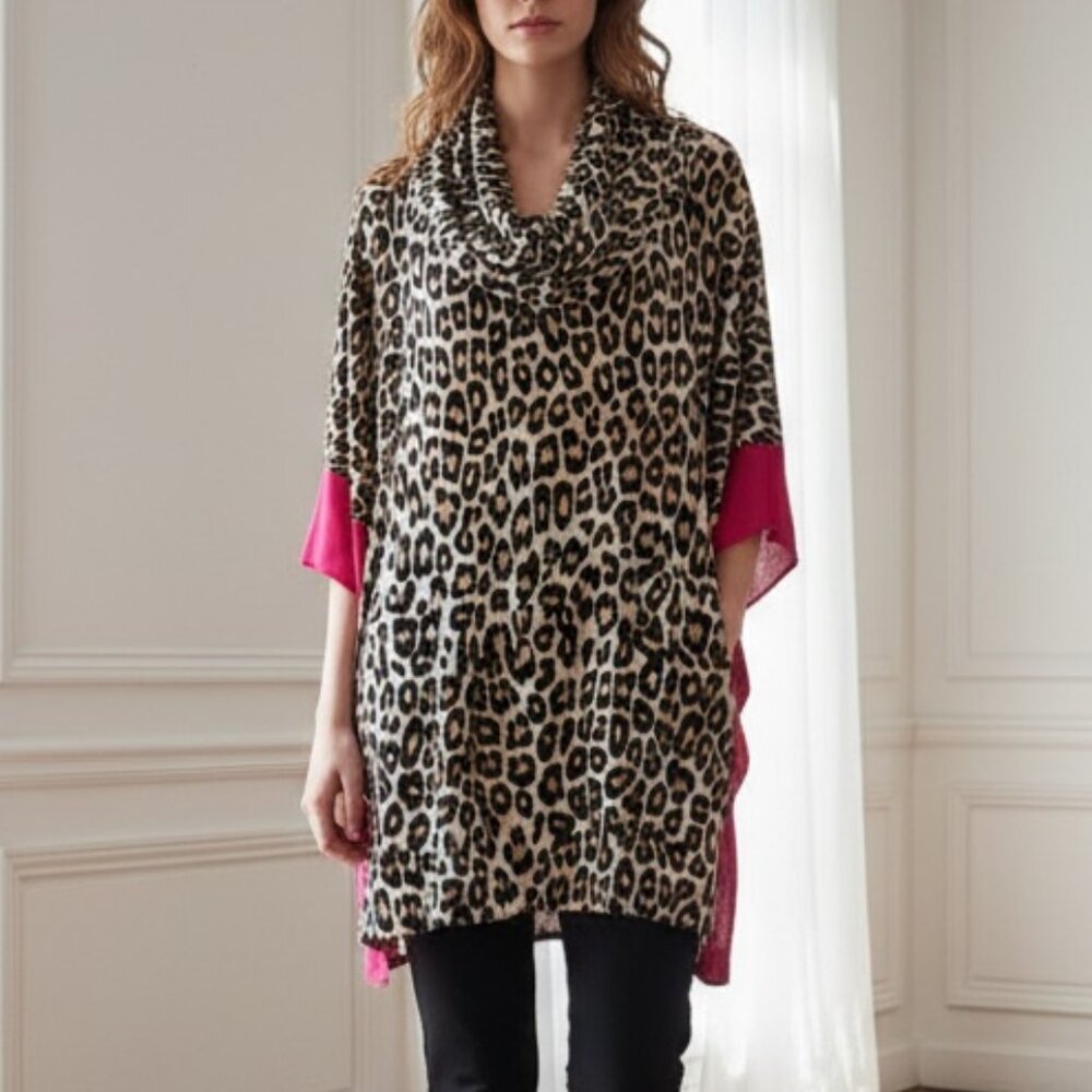 Chico's Brown Pink Leopard Cowl Poncho Sweater S/M